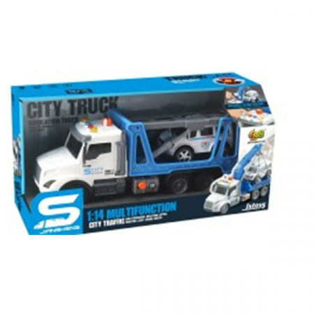 Синий эвакуатор с трением, кнопка давления, звуки и огни, 1:14 69677