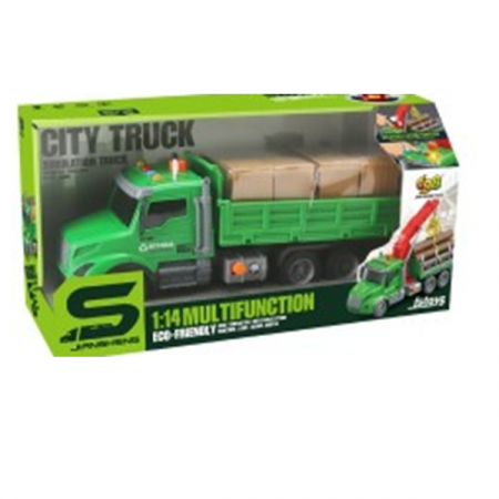 Зеленый самосвал с прицепом и контейнерами, с трением, кнопка давления, звуки и огни, 1:14 69678