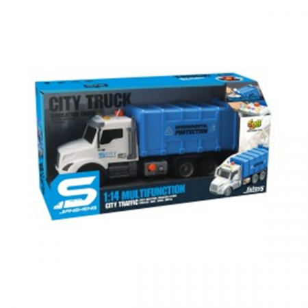 Синий мусоровоз с трением, кнопка давления, звуки и огни, 1:14 69674