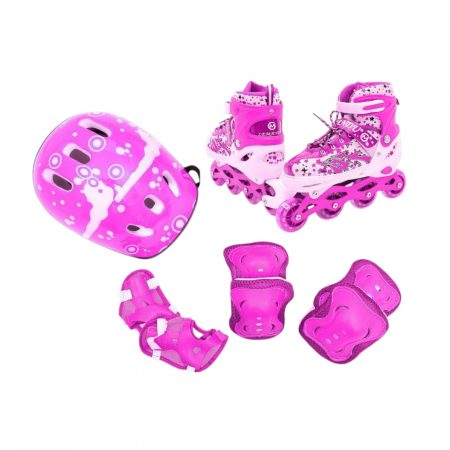 Ролики (PU колеса, все колеса с огнями) с набором защиты розовый (Размер L: 39-42) – 41019